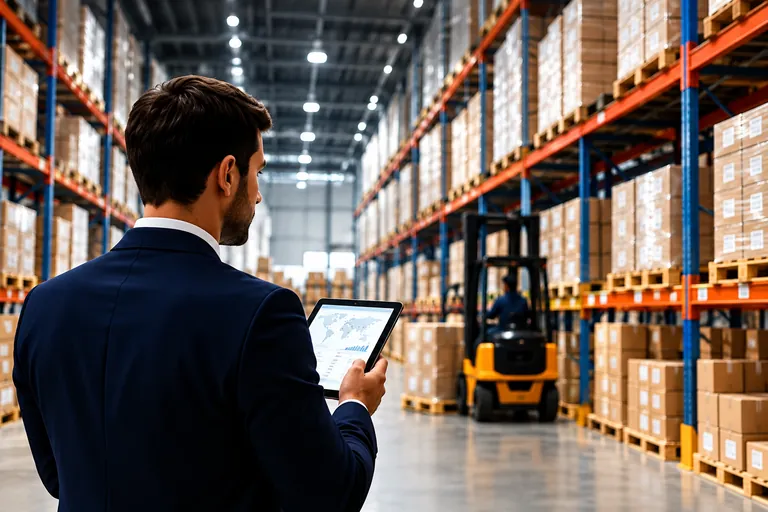 Distributor reviewing inventory in a warehouse