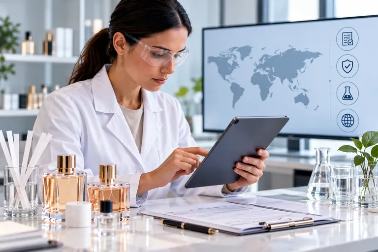 Scientist reviewing international cosmetic compliance