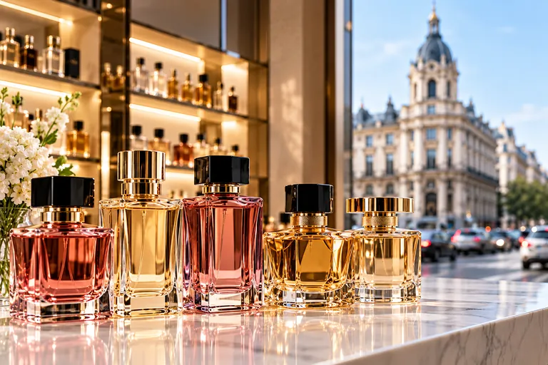 Perfume bottles displayed in a European boutique